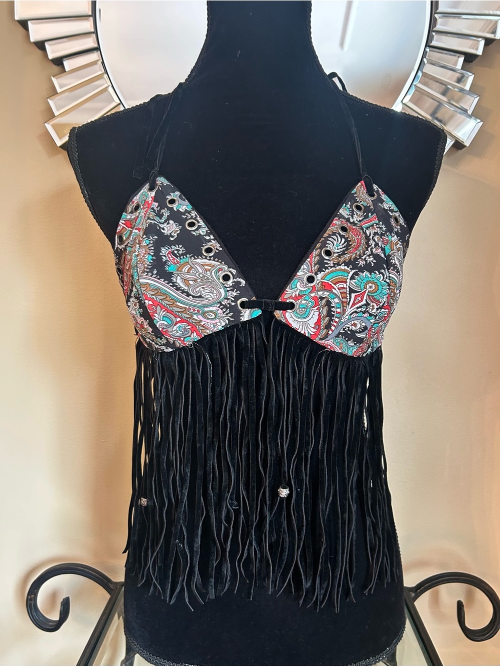 Fashion Nova Black Fringe Paisley Halter Crop Top